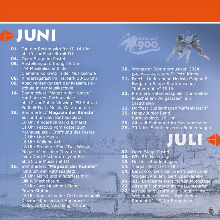 Flyer wolgast900: Programm Juni, Juli, August; Innenseite