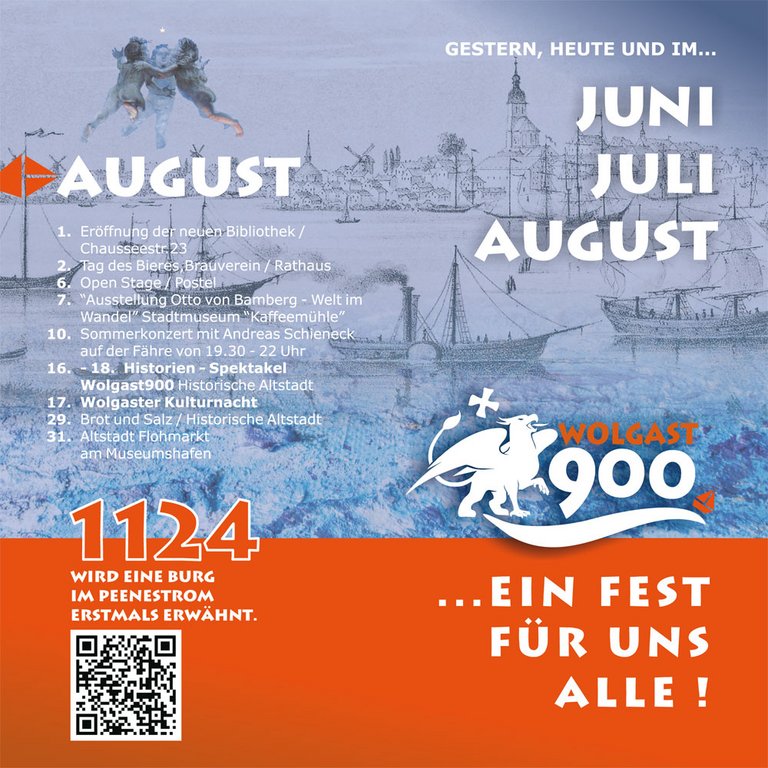 Flyer wolgast900: Programm Juni, Juli, August; Außenseite